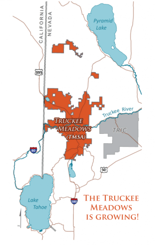 Small basic line work mapp showing the Reno, Sparks, and Washoe County, NV area. Depicts the Truckee Meadows Services area, major boundaries, and water bodies.